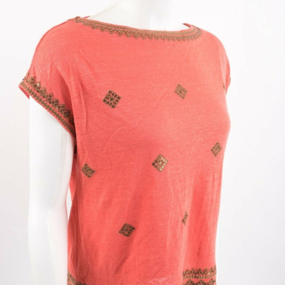 J. Jill Linen Top Shirt XS P Coral Orange Sequin - Picture 5 of 6